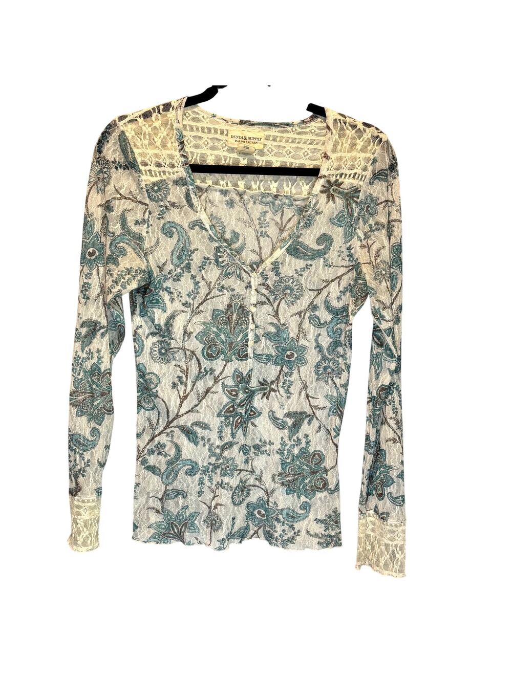 Denim & Supply Ralph Lauren Blue Paisley Semi-Sheer Long Sleeve Top - Medium